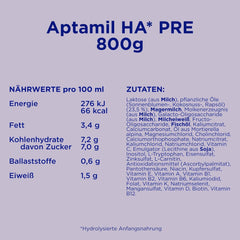 Aptamil HA PRE – Anfangsmilch von Geburt an, Mit DHA, Nur Laktose, Ohne Palmöl, Babynahrung, Milchpulver, 1x 800 g