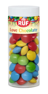 Decorațiuni de linte cu ciocolată RUF Love Chocolate, făcute din ciocolată fină cu lapte, cu un glazură de zahăr crocantă și colorată, 75 g per cutie