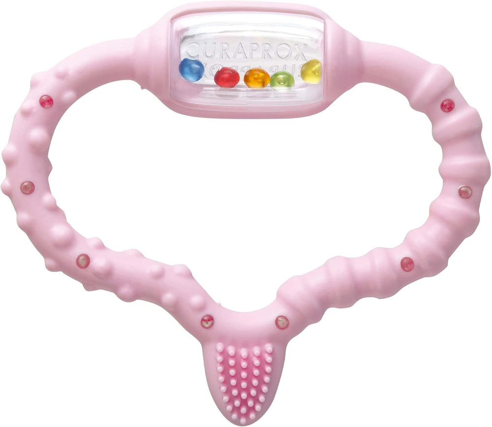 Inel de dentiție Curaprox pentru bebeluși - Pentru copii mici 0-24 luni/Ameliorează durerea de dinți și promovează abilitățile motorii | Fără BPA, Roz, cu periuță de dinți de antrenament/Fabricat în Elveția