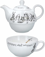 Set ceainic și ceașcă Alice în Țara Minunilor pentru 1 persoană în cutie cadou, serviciu de ceai din porțelan fin, alb, 250 ml