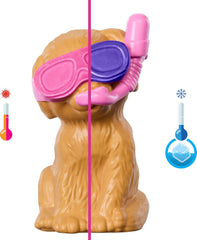Barbie Welpen-Pool Party Spielset mit Modepuppe, Hundehütte und -rutsche, herzförmigem Pool, 2 Hundefiguren, 6 Zubehörteilen und Farbwechsel, JBF35