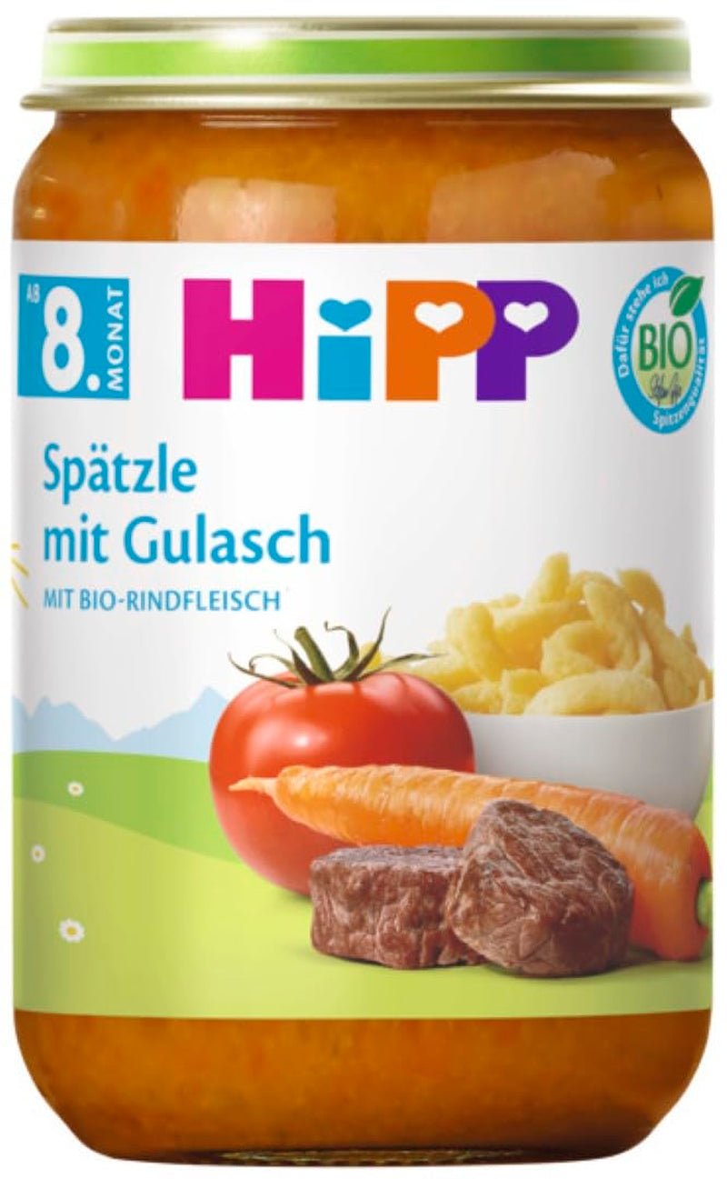 HiPP Spätzle cu Gulas (6 x 220g), masă de la 8 luni, fără sare adăugată, cu Omega-3, de cea mai bună calitate organică