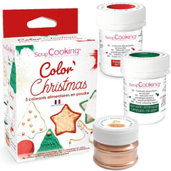 Scrapcooking - Set de 3 coloranți alimentari pudră de Crăciun - Roșu, Verde, Auriu - Colorant alimentar comestibil pentru copt, prăjituri, fursecuri, produse de patiserie, aluat, fondant - Decorațiuni de Crăciun - 4018