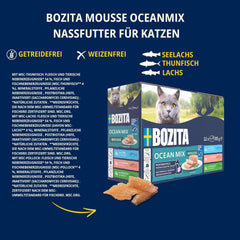 Bozita Mousse Ocean Mix – 12 x 85g hrană umedă pentru pisici cu ton, somon sau cod galben – fără cereale, fără zahăr și coloranți artificiali – cu postbiotice pentru o floră intestinală sănătoasă