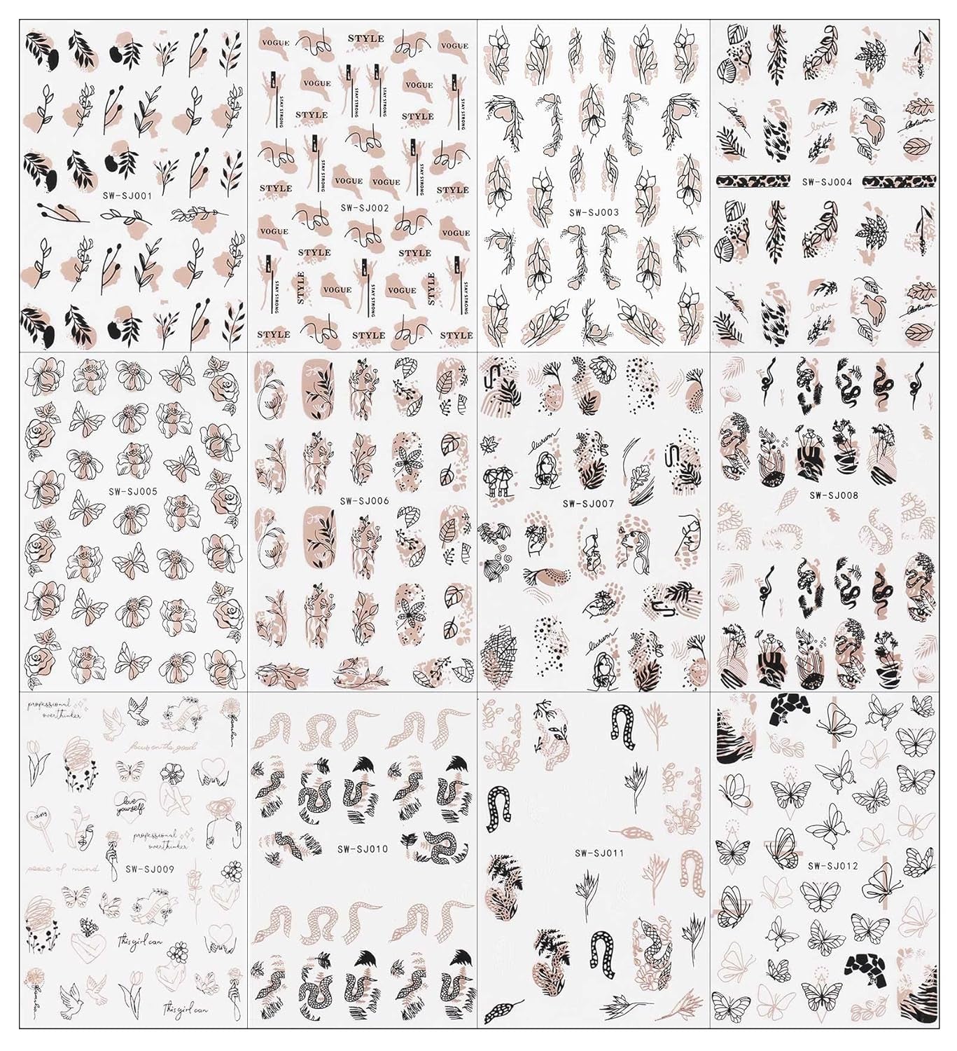 JMEOWIO Nagelsticker Rose Gold Schwarze Blume 12 Blatt Nail Art Sticker Selbstklebend Nagelaufkleber Frühlings Linie Abstraktes Blatt Dekoration Nageldesign Zubehör