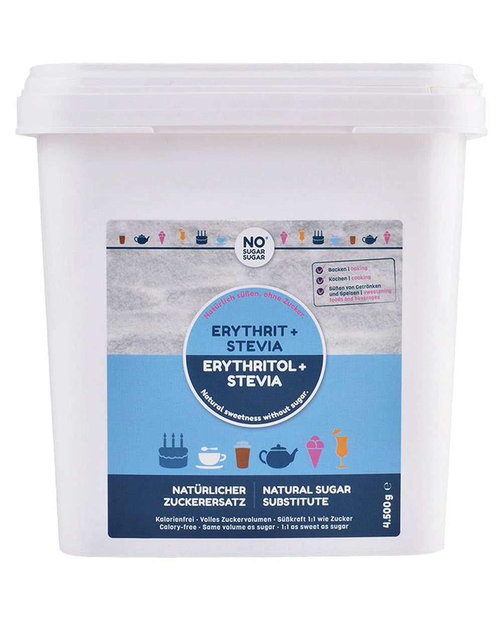 NO SUGAR, Erythritol + Stevia Înlocuitor natural de zahăr fără calorii 1:1 dulceață în comparație cu zahărul, fără aromă, 4,5 Kg Indulcitori Naty Shop