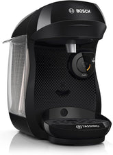 Espressor cu capsule Bosch Tassimo Happy Friendly TAS102E, peste 70 de băuturi, potrivit pentru toate tipurile de cești, oprire automată, sustenabil, dozat perfect, economisește spațiu, 1400 W, negru