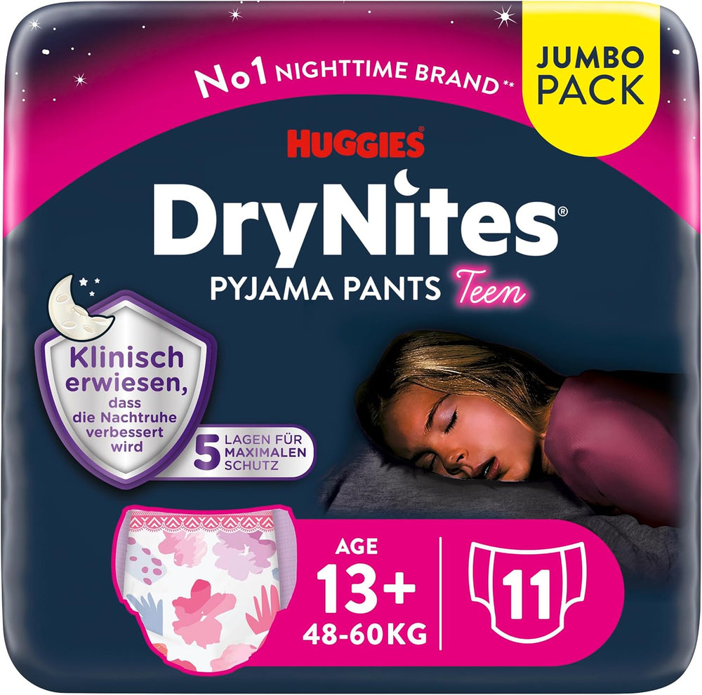 Scutece Huggies DryNites Nighttime pentru enurezis, pentru fete cu vârsta cuprinsă între 13 și aproximativ 17 ani (48-60 kg), 33 de bucăți (3 x 11), pachet lunar Jumbo, chiloți de scutece XL