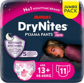 Scutece Huggies DryNites Nighttime pentru enurezis, pentru fete cu vârsta cuprinsă între 13 și aproximativ 17 ani (48-60 kg), 33 de bucăți (3 x 11), pachet lunar Jumbo, chiloți de scutece XL