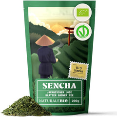 Naturalebio Ceai japonez Sencha – 200 g Ceai verde organic – 100% ceai verde Sencha pur și natural - vrac în frunze din prima recoltă – produs organic cultivat în Japonia