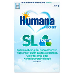 Humana SL Expert, de la naștere, formulă specială pentru intoleranța la laptele de vacă cauzată de intoleranță la lactoză, galactozemie sau alergie la proteinele din laptele de vacă, pentru sugari și copii mici, 600 g