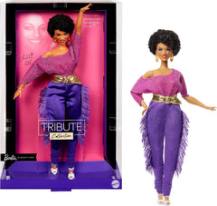 Barbie Signature Puppe, Debbie Allen Tribute Collection Bewegliche Puppe mit schulterfreiem Oberteil, goldenem Gürtel und violetten Fransenhosen mit Stulpen, JBJ24