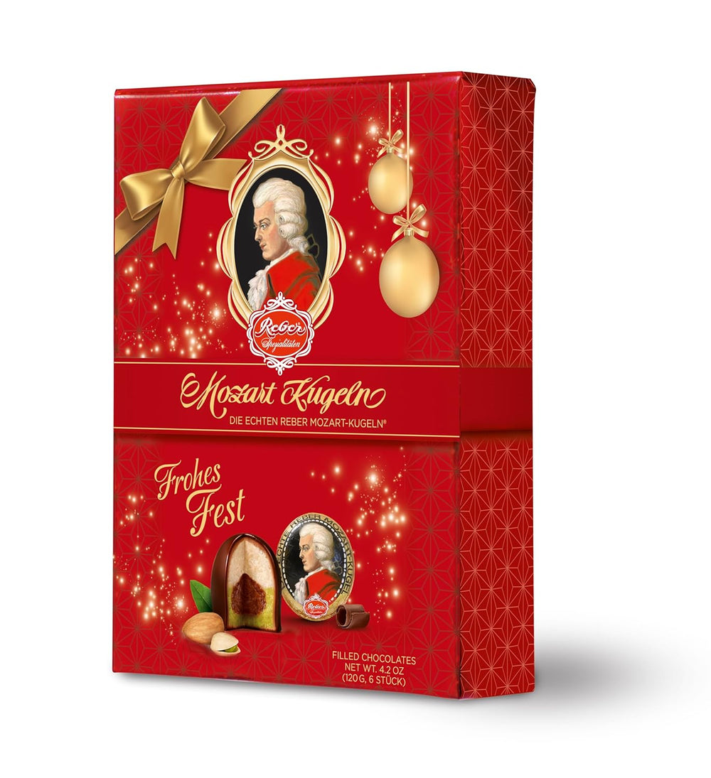 Bile Mozart autentice Reber, ediție de Crăciun, praline de ciocolată neagră, marțipan, nuga, cadou ideal de Crăciun, pachet de 12