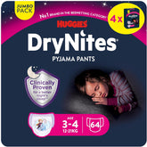 Scutece Huggies DryNites foarte absorbante pentru noapte, pentru fete 3-4 ani (12-21 kg), 4 x 16 bucăți (64 bucăți în total), pachet lunar de scutece-chiloți