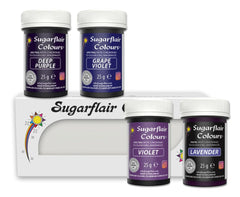 Coloranți alimentari pentru paste Sugarflair, violet, set de 4, coloranți alimentari pentru paste, fondant, marțipan, pastă de zahăr, cremă de unt și multe altele: violet, lavandă, violet struguri, violet intens - set de 4