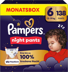 Scutecele Pampers Night Pants mărimea 6, 138 de bucăți, 13kg-19kg, oferă protecție suplimentară pentru întreaga noapte.