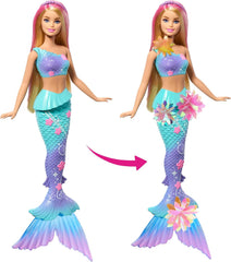 Barbie Meerjungfrauen-Spielzeugpuppe mit magischer Überraschungsblüte, Schwanzflosse mit Farbverlauf, perlenbesetztem Haarreif und langem blonden Haar mit rosa Strähchen, JDM72
