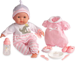 JC Toys - Păpușă moale realistă Berenguer Boutique, 38 cm, cu gură deschisă/închisă, set cadou cu 10 piese, biberon, zornăitoare, suzetă și accesorii, roz, vârste 2+
