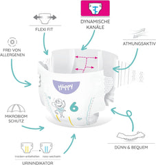 Scutece Bella Baby Happy Premium, mărimea 6, Junior Extra, 15+ kg, 96 de bucăți, sigiliu DERMATEST și OEKO-TEX, scutece de unică folosință pentru bebeluși