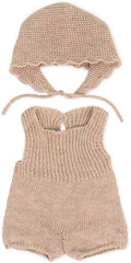 Strick-Kleiderset für Miniland Dolls, aus recyceltem Material, für 38cm Puppen. Modell: Strampler und Mütze, 31688, beige