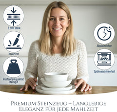 Set de veselă din porțelan pentru 12 persoane, Crystal 48 de piese, CÂȘTIGĂTOR AL TESTULUI, Set de veselă din porțelan transparent, set de boluri și farfurii, serviciu de cină pentru 12 persoane, Seturi de veselă Pure Living în alb