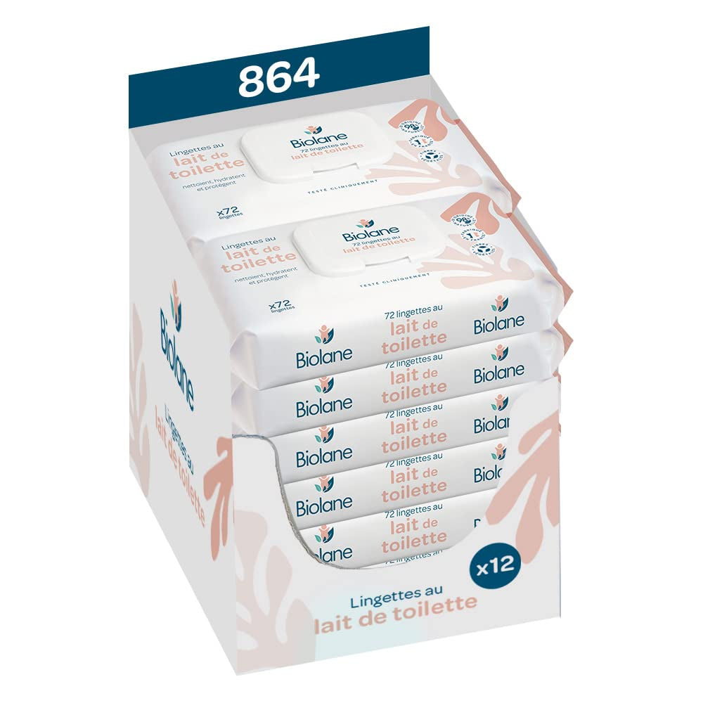 BIOLANE - Pachete de 12 - Șervețele umede pentru bebeluși cu lapte de toaletă - Bebeluși - 864 Șervețele umede pentru bebeluși - Curăță și hidratează - Pentru piele sensibilă - 98% origine naturală - De la naștere