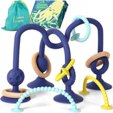 Inel de dentiție pentru bebeluși JUMBLE JANGLE: Jucărie de dentiție pentru bebeluși 3-24 luni | Set de 7 piese de jucării de mestecat fără BPA | Inel de dentiție din silicon răcoritor | Jucărie pentru copii mici cu ventuză pentru scaun înalt, masă și cadă