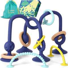 Inel de dentiție pentru bebeluși JUMBLE JANGLE: Jucărie de dentiție pentru bebeluși 3-24 luni | Set de 7 piese de jucării de mestecat fără BPA | Inel de dentiție din silicon răcoritor | Jucărie pentru copii mici cu ventuză pentru scaun înalt, masă și cadă