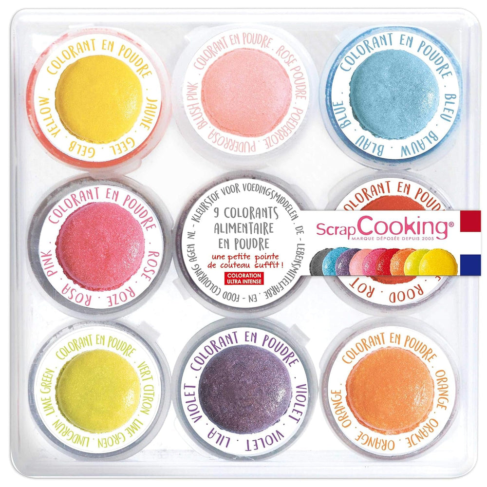 Scrapcooking - Set 9 coloranți alimentari pudră - Albastru, Galben, Roz, Violet, Portocaliu, Verde lămâie, Roșu, Roz pudră, Negru - Pudră colorantă comestibilă pentru prăjituri, brioșe, macarons - 4270