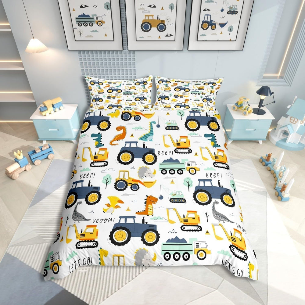 Jungen Cartoon Auto Bettwäsche Set 135X200,Kinder Bau Fahrzeuge Tröster Abdeckung Für Kind Kleinkind Teens,Dinosaurier Bettbezug,Traktor Maschinerie Bagger Bettdecke Abdeckung,Lkw Autos Bettwäsche Naty Shop Multi 15 135*200+80*80*1