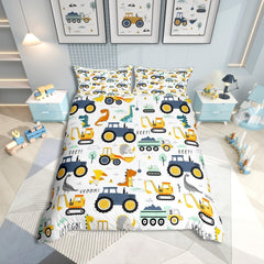 Jungen Cartoon Auto Bettwäsche Set 135X200,Kinder Bau Fahrzeuge Tröster Abdeckung Für Kind Kleinkind Teens,Dinosaurier Bettbezug,Traktor Maschinerie Bagger Bettdecke Abdeckung,Lkw Autos Bettwäsche Naty Shop Multi 15 135*200+80*80*1