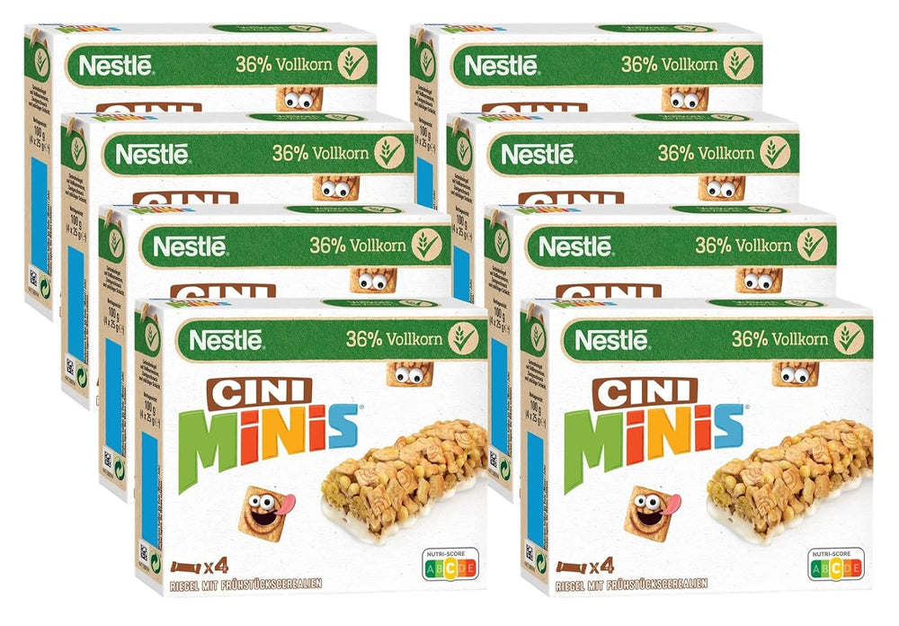 Batoane NESTLÉ CINI MINIS cu aromă de scorțișoară, gustare crocantă cu grâu integral și calciu, pachet de 8 (4 x 25 g fiecare)