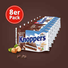 Knoppers Alb și Negru – 8 x 25 g – Felii de napolitană umplute cu napolitane cu cacao neagră, bucăți de biscuiți negri, lapte și cremă de nuga