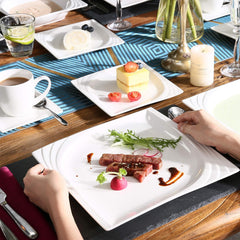 MALACASA, Seria Monica, Set de veselă pentru 12 persoane, Porțelan alb-crem, Serviciu combinat cu 12 cești de cafea, 12 farfurioare, 12 farfurii de desert, 12 farfurii de sumă și 12 farfurii de cină