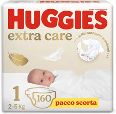 Scutece Huggies Extra Care pentru bebeluși, mărimea 1 (2-5 kg), foarte absorbante, design Disney, pachet vrac, 160 bucăți