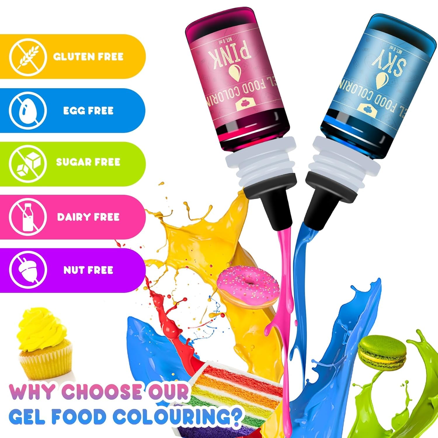 Colorant alimentar cu gel - 16 coloranți alimentari vibranți pentru copt, decorarea torturilor, glazură, fursecuri, fondant și macaroane - Colorant alimentar cu gel pentru fabricarea săpunului și meșteșuguri - 6 ml fiecare