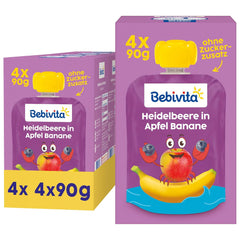 Pliculețe stoarcibile cu afine, măr și banane – 16 bucăți (4 pachete, 4 x 90 g fiecare), fără zahăr adăugat, fără gluten, ideale pentru gustări la pachet și pentru luate în voie