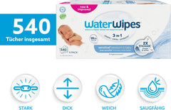 Șervețele umede WaterWipes Sensitive+ pentru nou-născuți și bebeluși, 540 bucăți (9 pachete), curățare, îngrijire, protecție 3 în 1, 99,9% apă, fără parfum