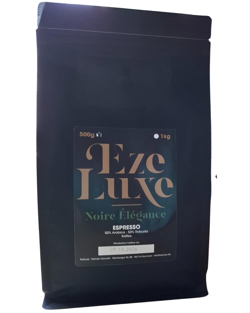 Cafea Espresso Noire Elegance 500g – 50% Arabica și 50% Robusta din Brazilia și India – prăjire medie, puternică și cremoasă cu ciocolată neagră – intensitate 8 – incl. espressor gratuit