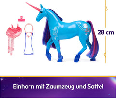 Academia Unicornilor Unicorn River - 28 cm înălțime, unicorn original de Isabel din serialul Netflix, cu coamă și coadă reale, frâu și șa detașabile și perie, pentru copii cu vârsta de 4 ani și peste