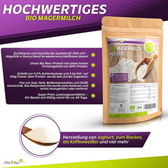 Vita2You Bio Magermilchpulver 1000g - 100% Bio Qualität - zum Backen - Kaffeeweißer - Milchpulver für Joghurts - 1kg - Premium Qualität