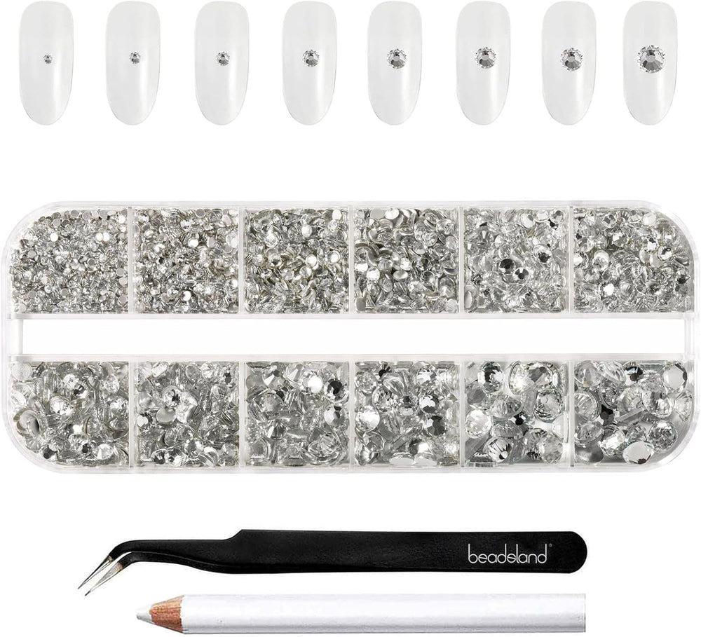 Beadsland 2500Pcs Glas Nailart Strasssteine Kristall Flatback Edelsteine Runde, Für Handwerk Gemischt 8 Größen SS4 ~ SS30 Mit Picking Pinzette Und Stift (Kristall Weiss)