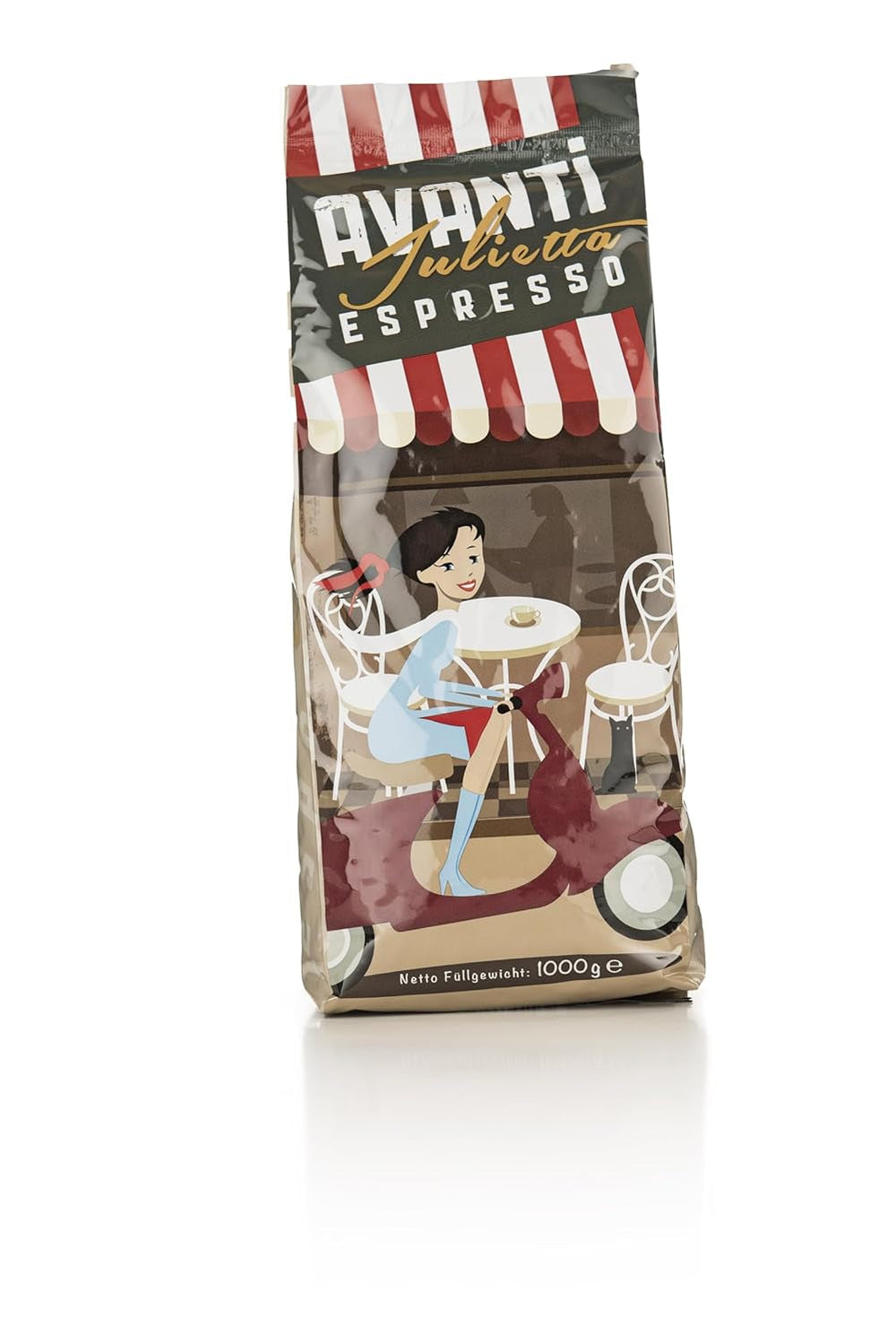 Avanti Espresso Julietta Beans, 1 pachet (1 x 1 kg) | Boabe de cafea espresso 1 kg, puternice și cu aciditate scăzută | Prăjire fină în tambur cu boabe de espresso Arabica și Robusta