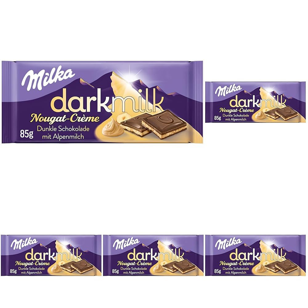 Milka Black Milk – Ciocolată alpină neagră cu lapte și umplutură cremoasă de nuga – 85g (pachet de 5)