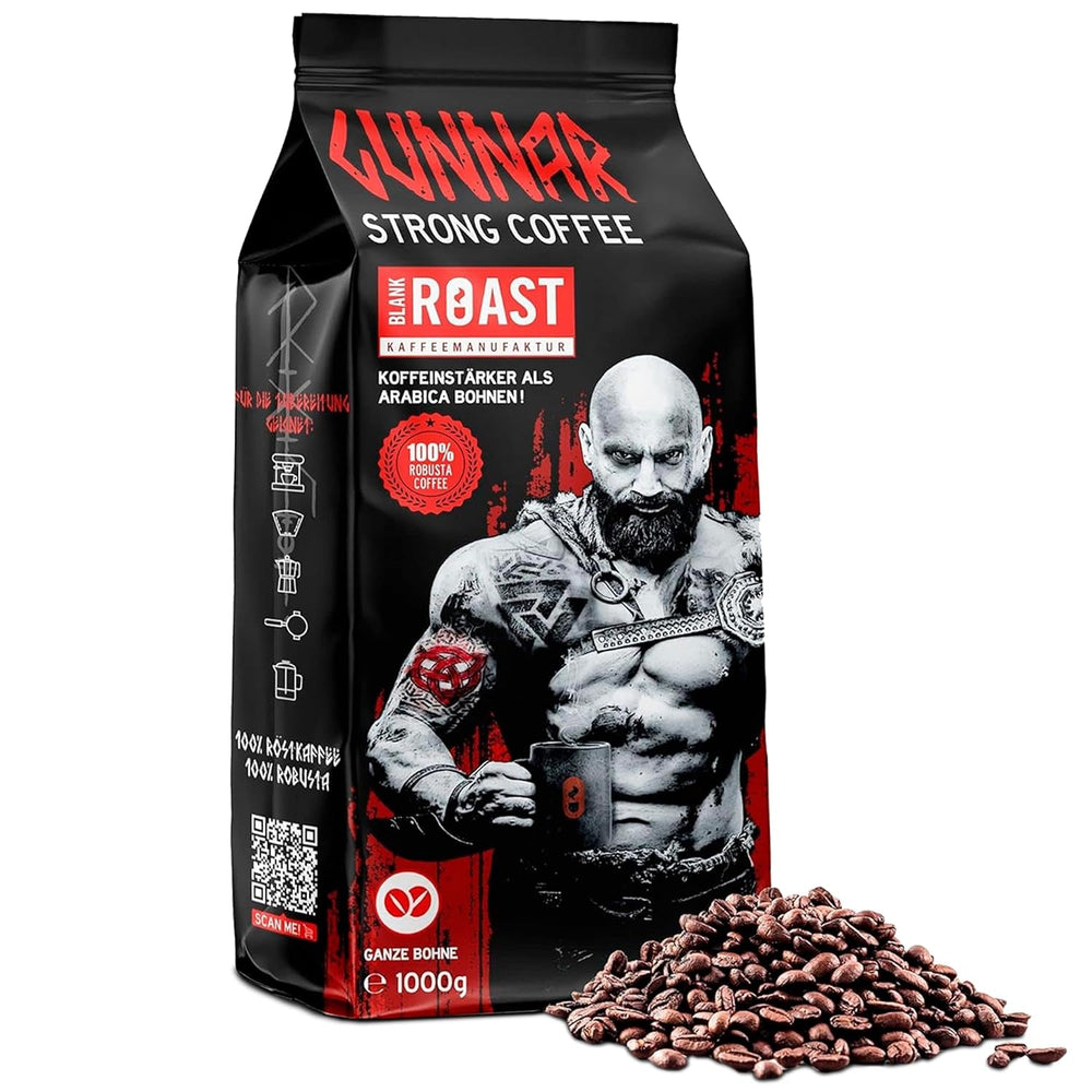 Blank Roast - GUNNAR - 1kg - Ganze Kaffee-Bohnen Extra Stark - Kräftige Robusta-Röstung - 494mg Koffein je Tasse - Würzig & Kraftvoll mit Noten von dunkler Schokolade - Säurearm