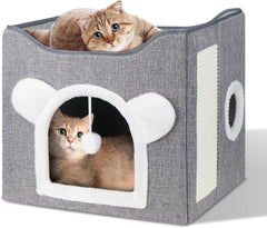 Katzenbetten für Indoor Katzen, Faltbares Katzenhaus, Katzenhöhle 2 Schicht Würfel Großer Raum Katzenbett mit Kratzbrett und Spielball, 15.8 x 15.8 x 15inches