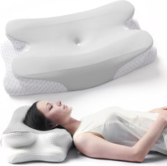 RUMMY Pernă ergonomică de susținere a gâtului din spumă cu memorie, cu husă detașabilă, lavabilă, pentru cei care dorm lateral și pe burtă (gri) Perne ortopedice cervicale Naty Shop Gri