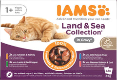 IAMS Delights Land & Sea Collection Hrană umedă pentru pisici - Pachet multiplu cu sortimente de carne și pește în sos, hrană umedă pentru pisici de la 1 an, 12 x 85 g