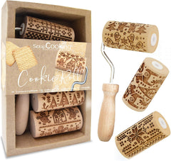 ScrapCooking 3798 Set Rulouri de Biscuiți Crăciun – 3 Mini Rulouri de Biscuiți din Lemn cu Motive – Decorațiuni în Relief – Formă de Biscuiți Sablată
