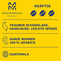Boabe de cafea Martermühle Guatemala 1kg puternice | Arabica | Arome: Alune, Condimente ușoare, Ciocolată cu struguri | Boabe de cafea întregi prăjite ușor, Aciditate scăzută